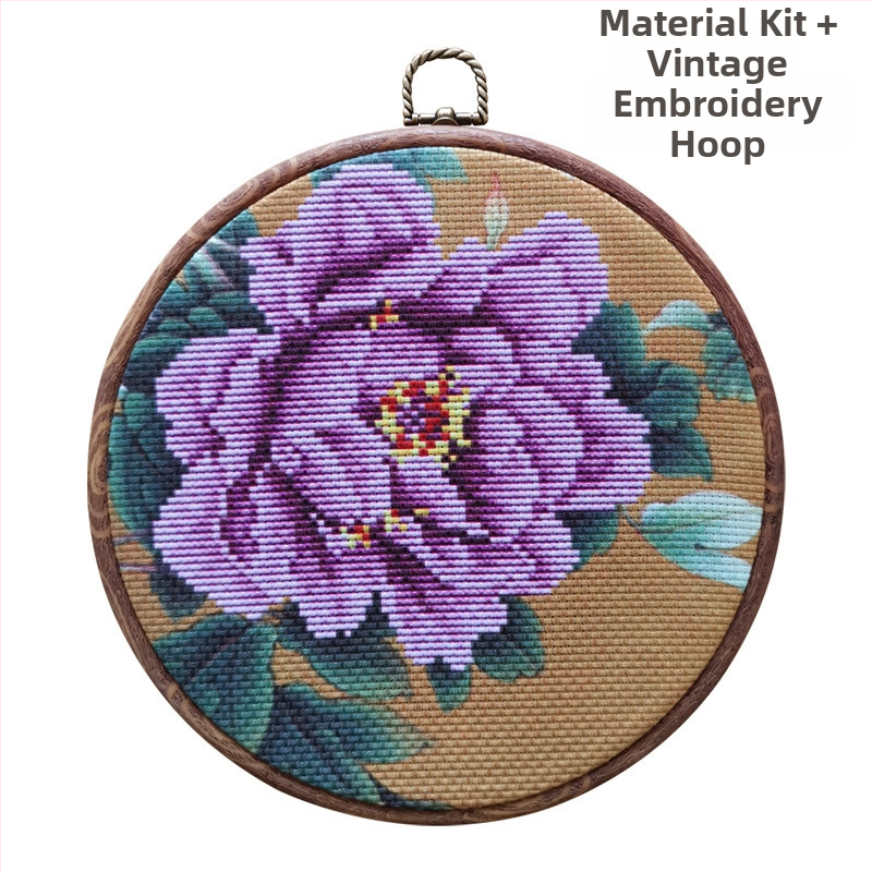 Бродерия с кръстчета – мотив пион, ръчна бродерия с конци, античен стил, дневна декорация