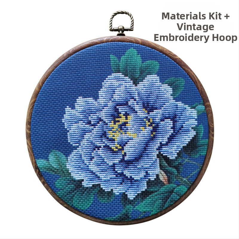 Бродерия с кръстчета – мотив пион, ръчна бродерия с конци, античен стил, дневна декорация