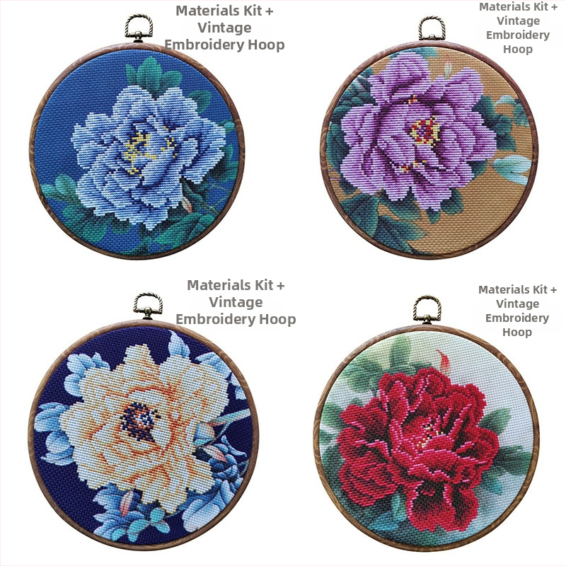 Бродерия с кръстчета – мотив пион, ръчна бродерия с конци, античен стил, дневна декорация