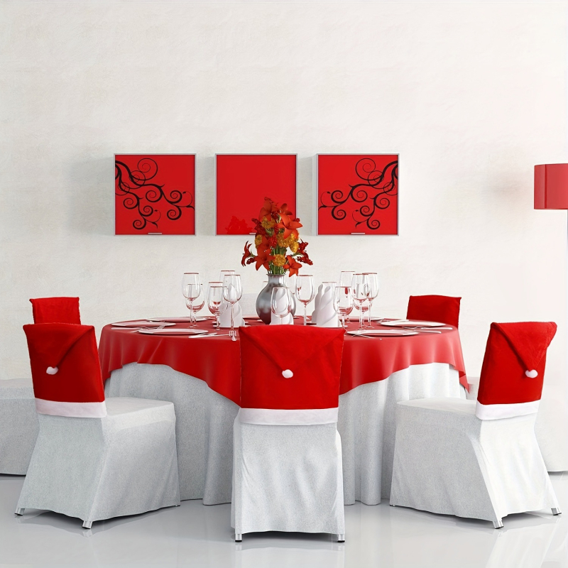 Krēsla pārvalki no neausta materiāla ar Ziemassvētku cepurēm, moderns minimalistisks stils, Jiaqi zīmols, Ziemassvētku dekoram restorānos un viesnīcās