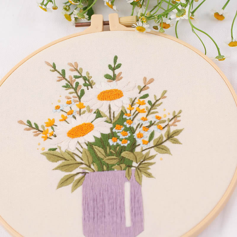 DIY komplet za križićno šivanje: poluizvedeni početnički set, platno od pamuka i lana, motivi cvijeće, trava, lišće