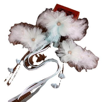 Accesoriu pentru cap Hanfu pentru copii, pene antice, lucrat manual, pluș, clips drept