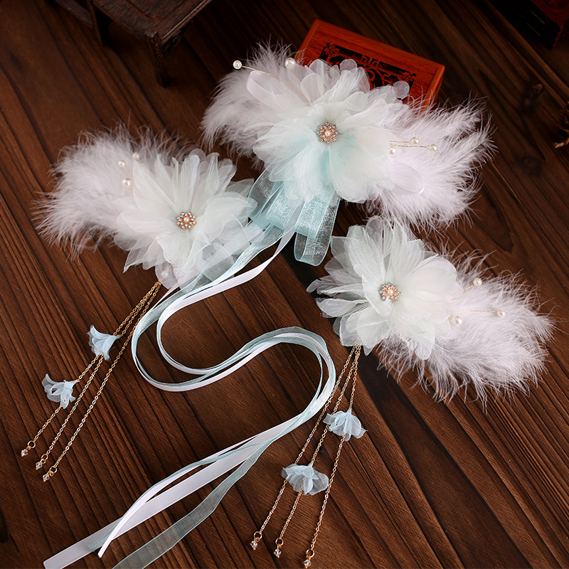 Accesoriu pentru cap Hanfu pentru copii, pene antice, lucrat manual, pluș, clips drept