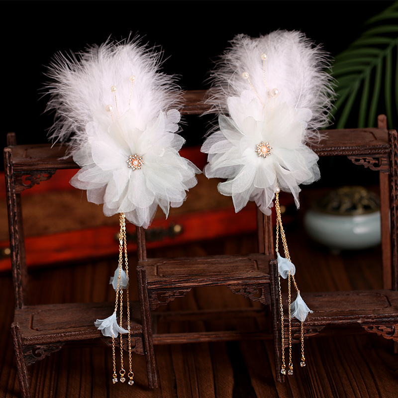 Accesoriu pentru cap Hanfu pentru copii, pene antice, lucrat manual, pluș, clips drept