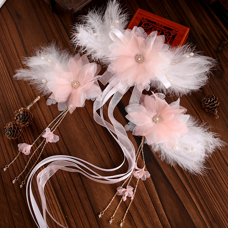 Accesoriu pentru cap Hanfu pentru copii, pene antice, lucrat manual, pluș, clips drept