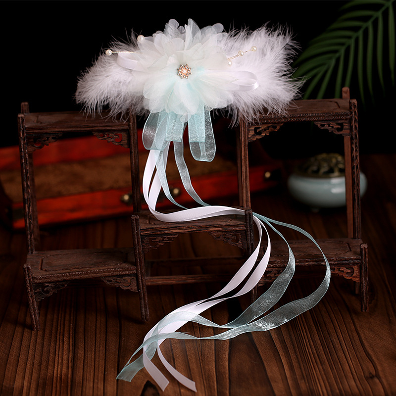 Accesoriu pentru cap Hanfu pentru copii, pene antice, lucrat manual, pluș, clips drept