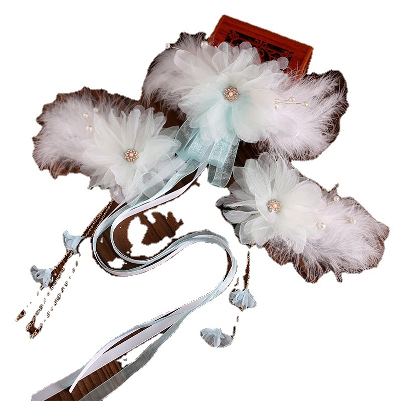 Accesoriu pentru cap Hanfu pentru copii, pene antice, lucrat manual, pluș, clips drept