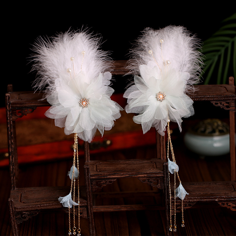 Accesoriu pentru cap Hanfu pentru copii, pene antice, lucrat manual, pluș, clips drept