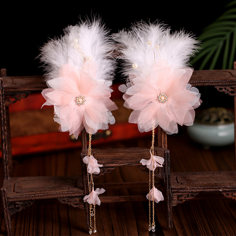 Accesoriu pentru cap Hanfu pentru copii, pene antice, lucrat manual, pluș, clips drept