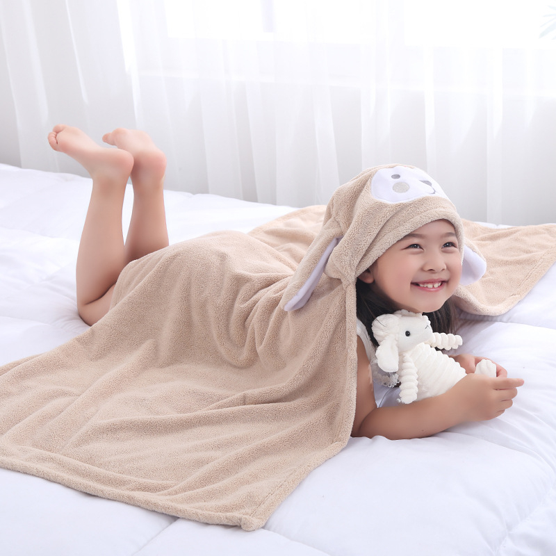 Prosop de baie pentru copii cu glugă din coral fleece, 150D, conținut nylon 15%, broderie și tivire, greutate 300-400 g