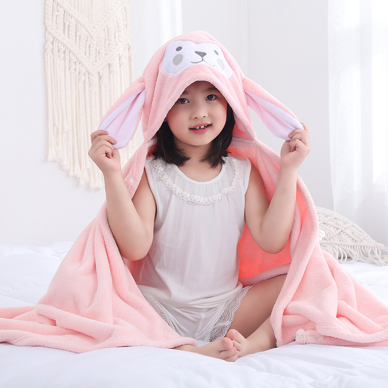 Prosop de baie pentru copii cu glugă din coral fleece, 150D, conținut nylon 15%, broderie și tivire, greutate 300-400 g