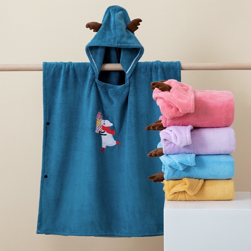 Prosop de baie cu glugă pentru copii, din Coral Fleece, 300–400 g/m², 150D, țesătură simplă, procesare personalizată