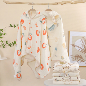 Pelerină de baie cu glugă din țesătură de bumbac — patru straturi, pentru sugari și copii mici – 150D, 300–400 g/m², cusătură, imprimare, margine cu cârlig