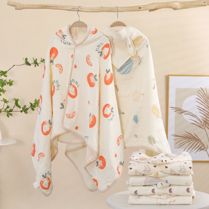 Pelerină de baie cu glugă din țesătură de bumbac — patru straturi, pentru sugari și copii mici – 150D, 300–400 g/m², cusătură, imprimare, margine cu cârlig