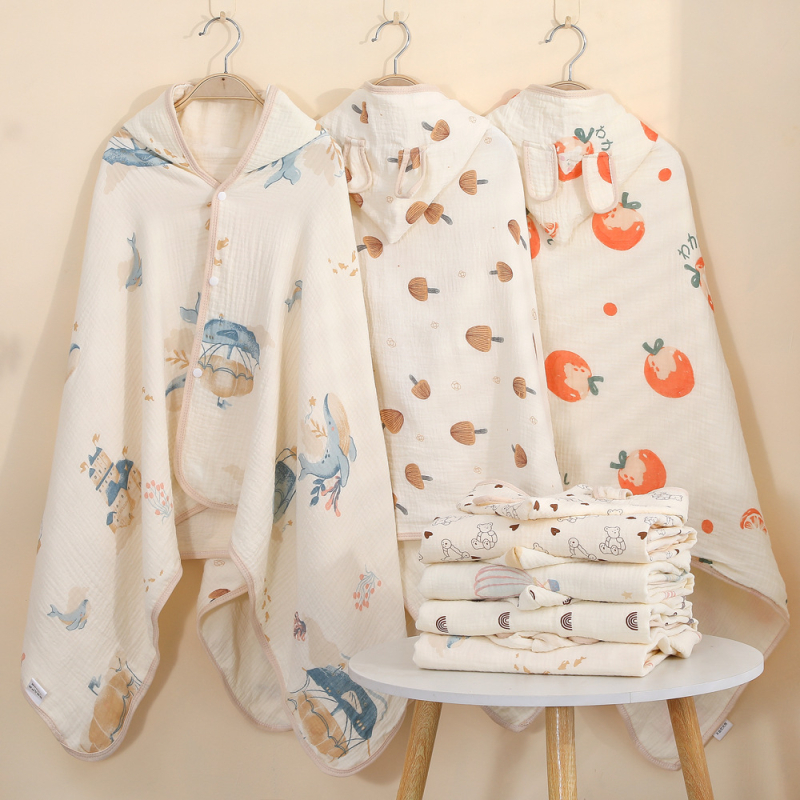 Pelerină de baie cu glugă din țesătură de bumbac — patru straturi, pentru sugari și copii mici – 150D, 300–400 g/m², cusătură, imprimare, margine cu cârlig