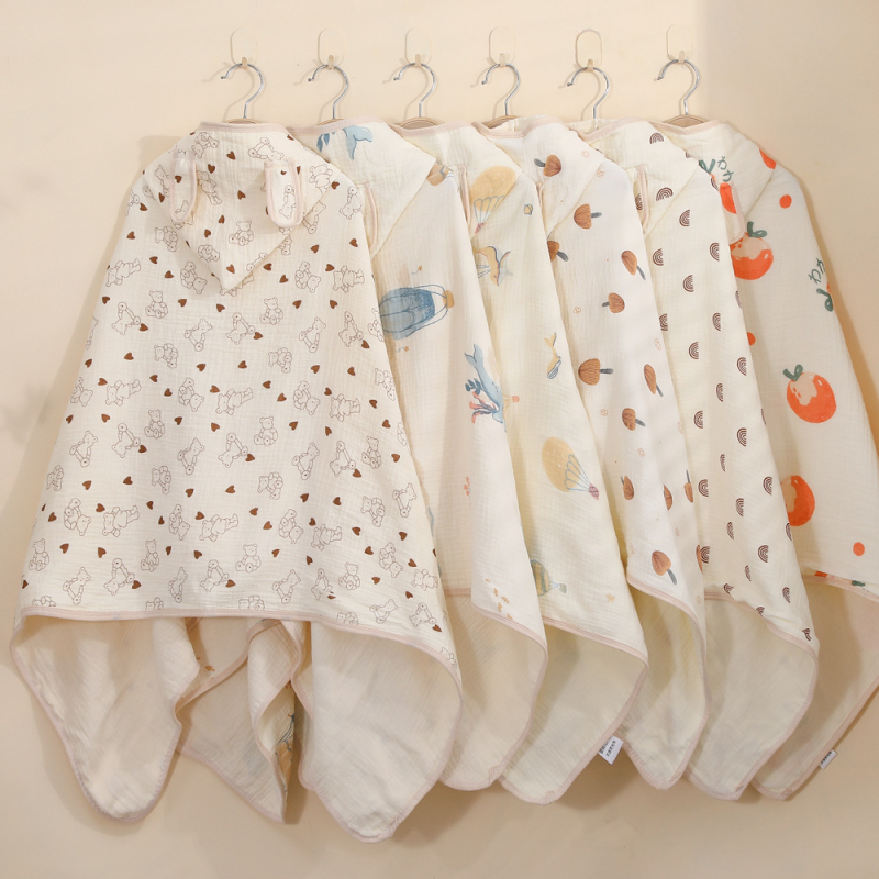 Pelerină de baie cu glugă din țesătură de bumbac — patru straturi, pentru sugari și copii mici – 150D, 300–400 g/m², cusătură, imprimare, margine cu cârlig