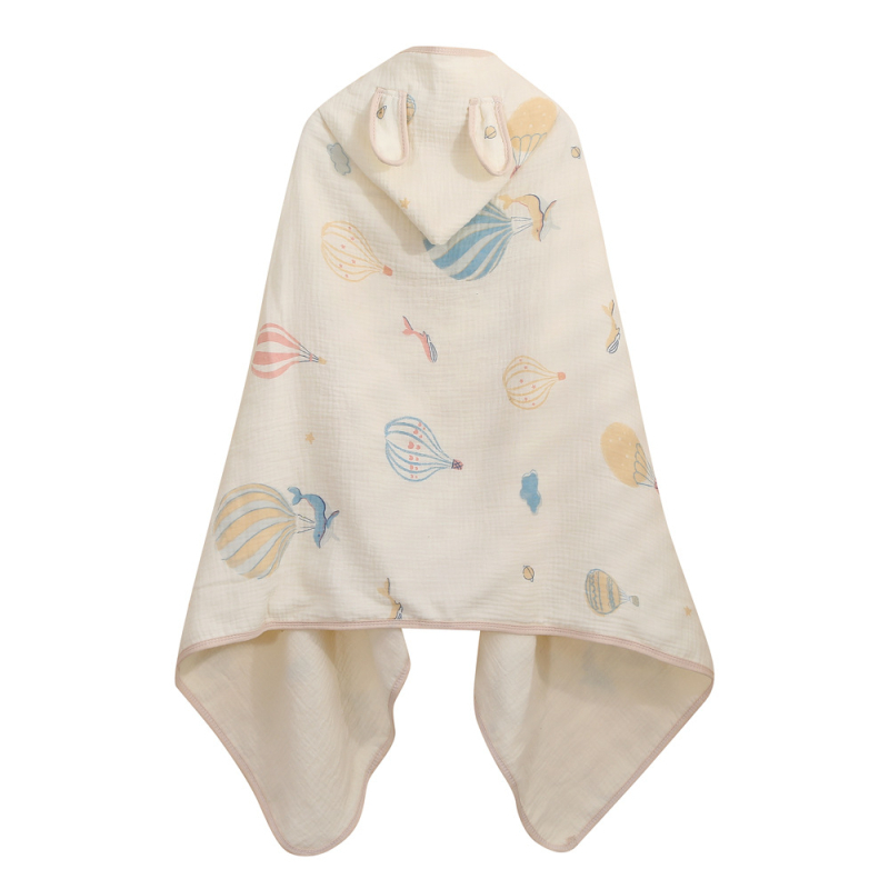 Pelerină de baie cu glugă din țesătură de bumbac — patru straturi, pentru sugari și copii mici – 150D, 300–400 g/m², cusătură, imprimare, margine cu cârlig