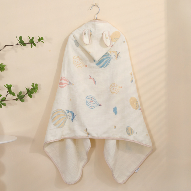 Pelerină de baie cu glugă din țesătură de bumbac — patru straturi, pentru sugari și copii mici – 150D, 300–400 g/m², cusătură, imprimare, margine cu cârlig