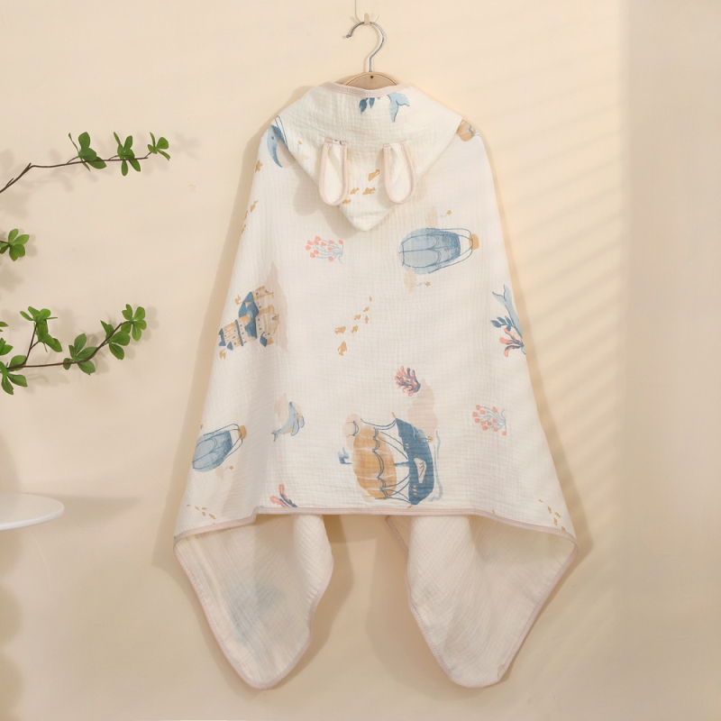 Pelerină de baie cu glugă din țesătură de bumbac — patru straturi, pentru sugari și copii mici – 150D, 300–400 g/m², cusătură, imprimare, margine cu cârlig