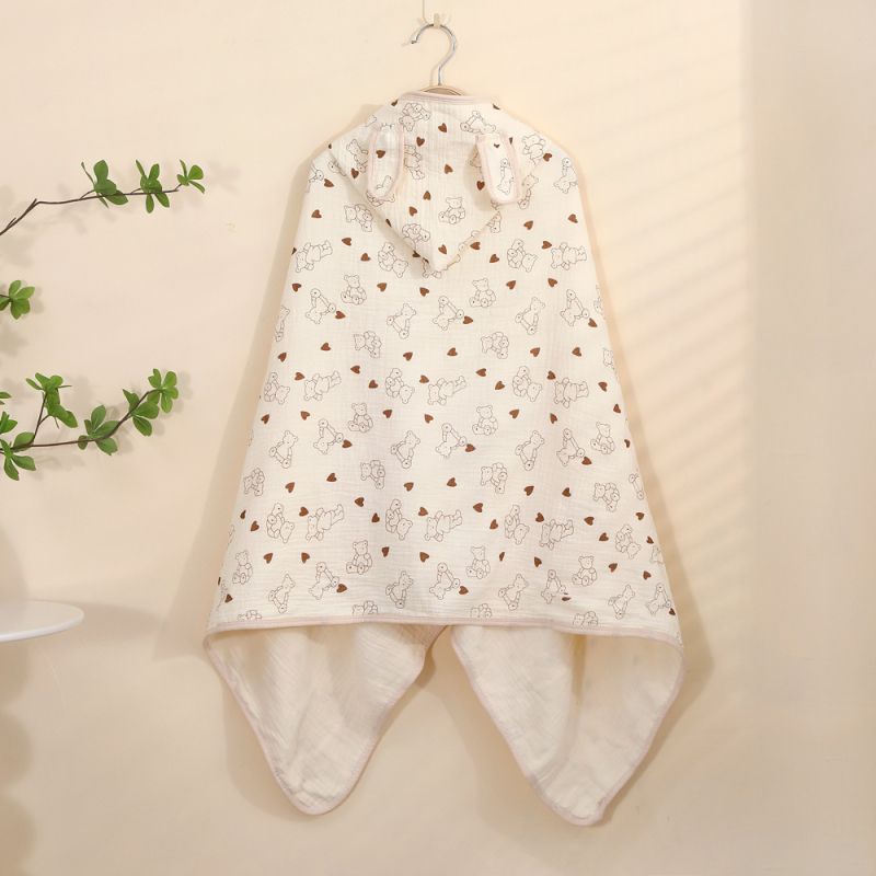 Pelerină de baie cu glugă din țesătură de bumbac — patru straturi, pentru sugari și copii mici – 150D, 300–400 g/m², cusătură, imprimare, margine cu cârlig