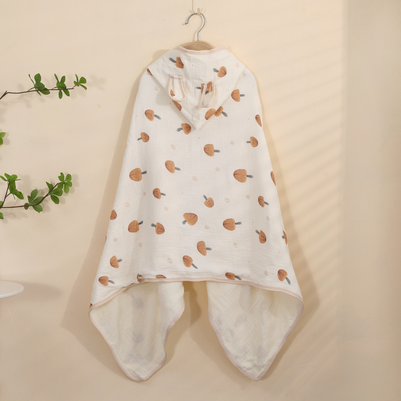 Pelerină de baie cu glugă din țesătură de bumbac — patru straturi, pentru sugari și copii mici – 150D, 300–400 g/m², cusătură, imprimare, margine cu cârlig