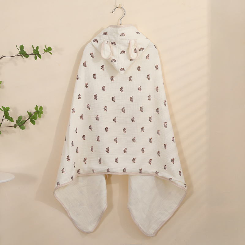 Pelerină de baie cu glugă din țesătură de bumbac — patru straturi, pentru sugari și copii mici – 150D, 300–400 g/m², cusătură, imprimare, margine cu cârlig