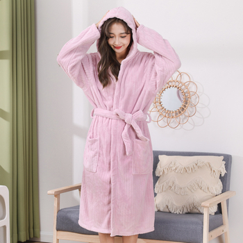 Halat de baie cu glugă pentru femei, din coral fleece, lung, pentru călătorii în aer liber