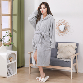 Halat de baie cu glugă pentru femei, din coral fleece, lung, pentru călătorii în aer liber