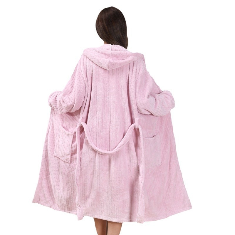 Halat de baie cu glugă pentru femei, din coral fleece, lung, pentru călătorii în aer liber