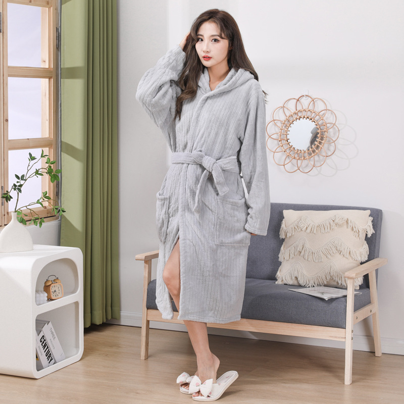 Halat de baie cu glugă pentru femei, din coral fleece, lung, pentru călătorii în aer liber