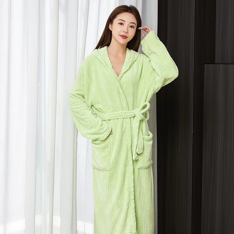 Halat de baie cu glugă pentru femei, din coral fleece, lung, pentru călătorii în aer liber