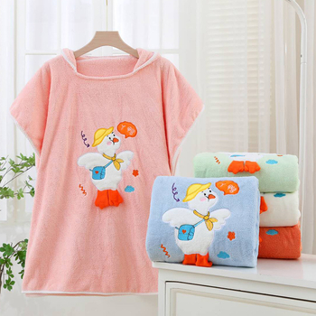 Halat de baie pentru copii cu glugă, moale și absorbant, cu imprimeu rață, fleece coral, 150D, 300–400 g/m², tivire