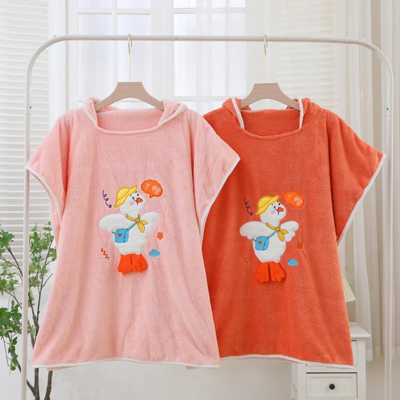 Halat de baie pentru copii cu glugă, moale și absorbant, cu imprimeu rață, fleece coral, 150D, 300–400 g/m², tivire