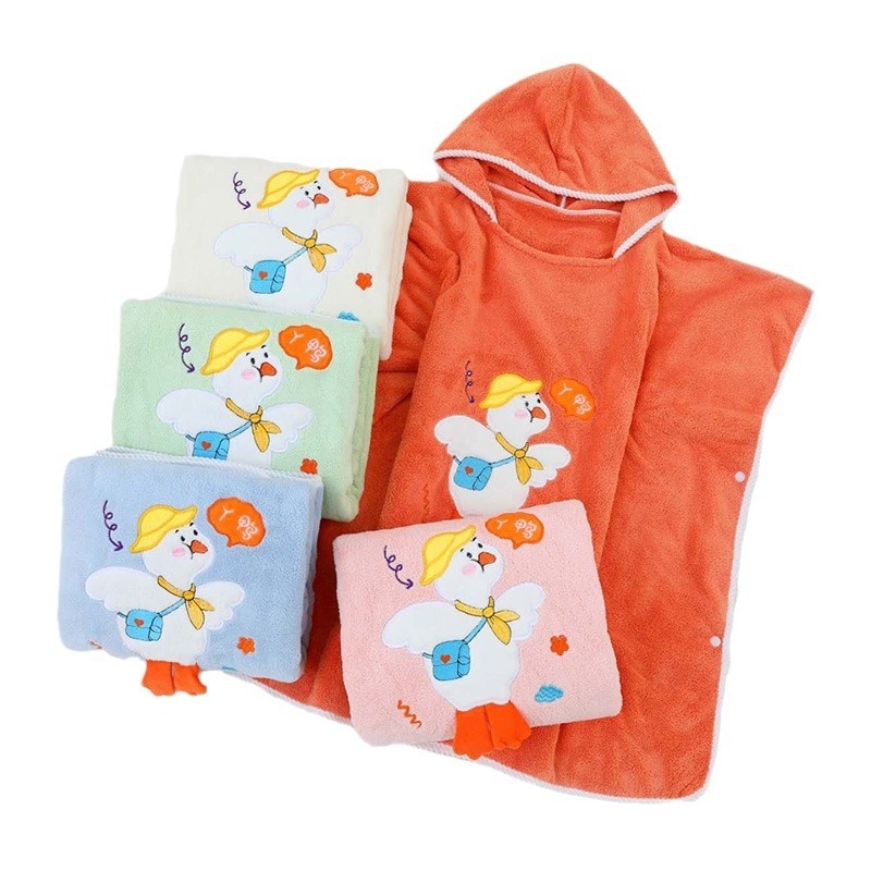 Halat de baie pentru copii cu glugă, moale și absorbant, cu imprimeu rață, fleece coral, 150D, 300–400 g/m², tivire