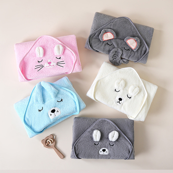 Dječji ručnik za kupanje s kapuljačom - koralni fleece, 150D, 120–140 g, brzo sušenje, uzorak: crtani likovi, slova, vezenje