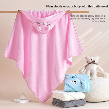 Dječji ručnik za kupanje s kapuljačom - koralni fleece, 150D, 120–140 g, brzo sušenje, uzorak: crtani likovi, slova, vezenje