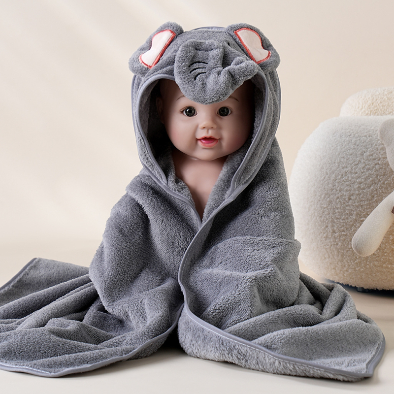 Dječji ručnik za kupanje s kapuljačom - koralni fleece, 150D, 120–140 g, brzo sušenje, uzorak: crtani likovi, slova, vezenje