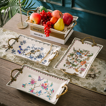 Порцеланова чиния за плодове с двойни дръжки, лек луксозен ретро стил, тегло 1.6 кг