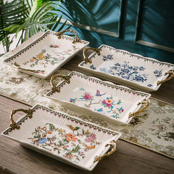 Порцеланова чиния за плодове с двойни дръжки, лек луксозен ретро стил, тегло 1.6 кг