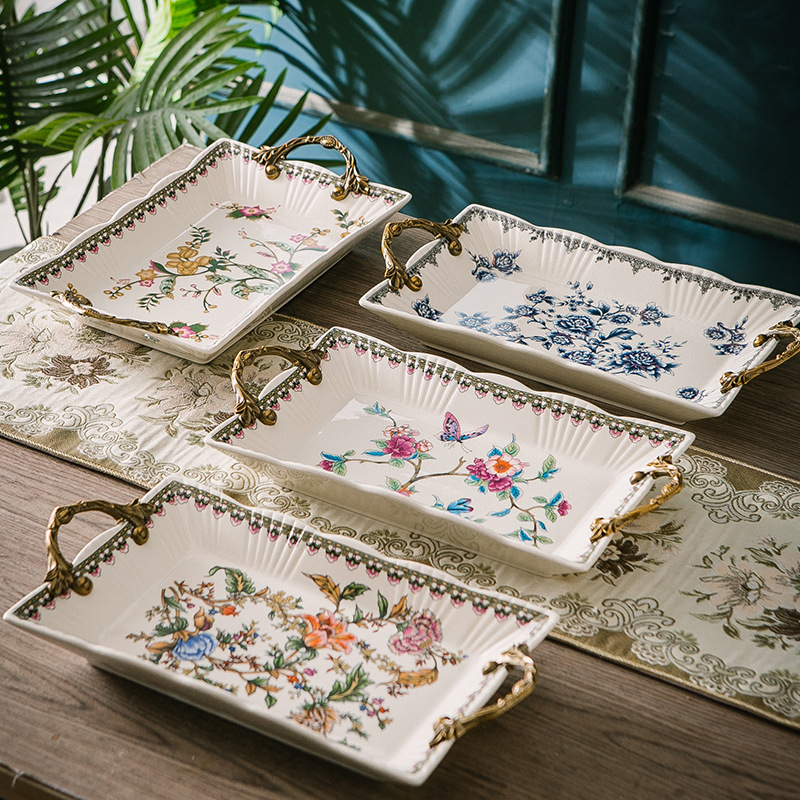 Порцеланова чиния за плодове с двойни дръжки, лек луксозен ретро стил, тегло 1.6 кг