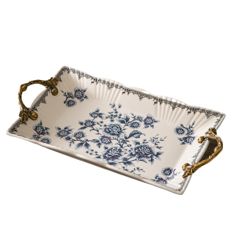 Порцеланова чиния за плодове с двойни дръжки, лек луксозен ретро стил, тегло 1.6 кг