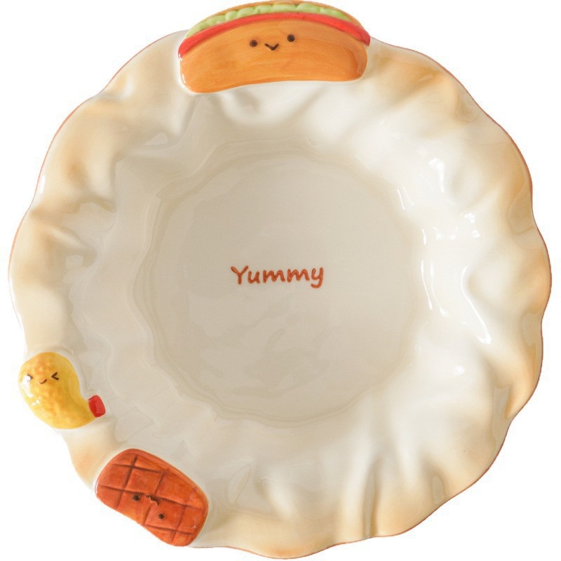 Керамична плоска чиния с подглазурен рисунък, нестандартна форма и мультяшен дизайн