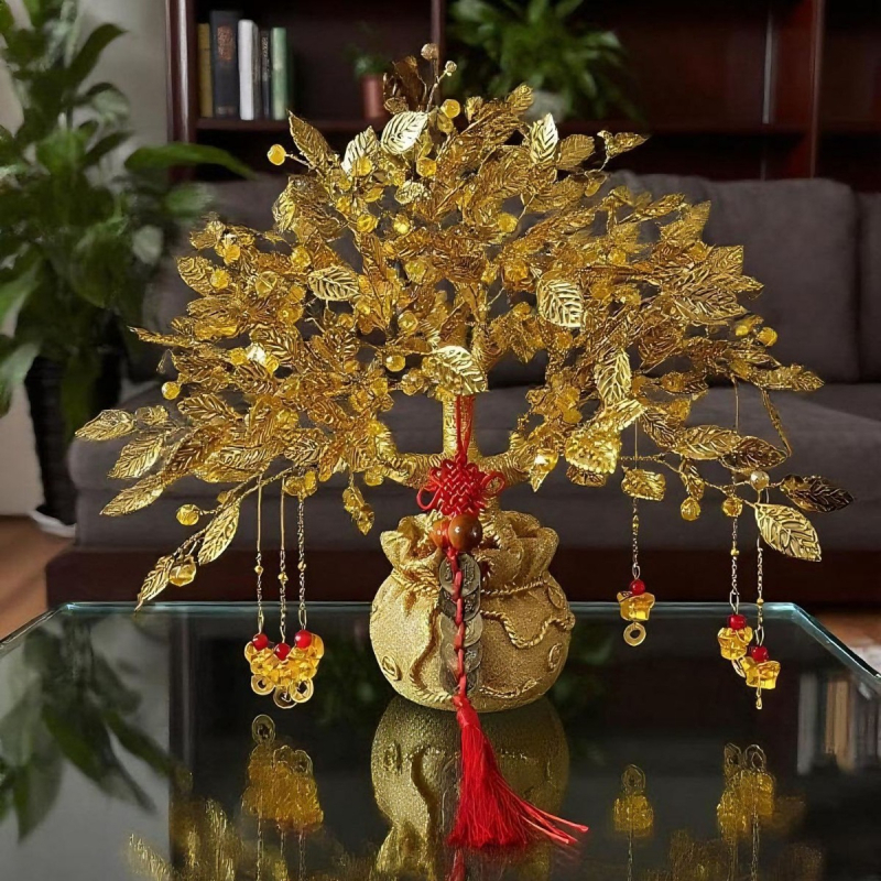 Дърво на късмета – декоративна фигура за хол, винен шкаф и ТВ шкаф; материал: смола и акрил с кристален завършек; стил: луксозно излъчване; подходящо за подарък за дома и тържества