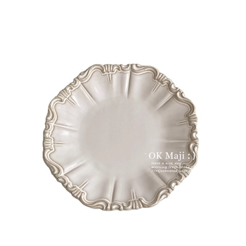 Порцеланова дълбока чиния за супа с дантелен ръб и райета, пещно глазирана, модерна минималистична сервираща посуда