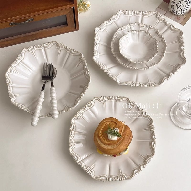 Порцеланова дълбока чиния за супа с дантелен ръб и райета, пещно глазирана, модерна минималистична сервираща посуда