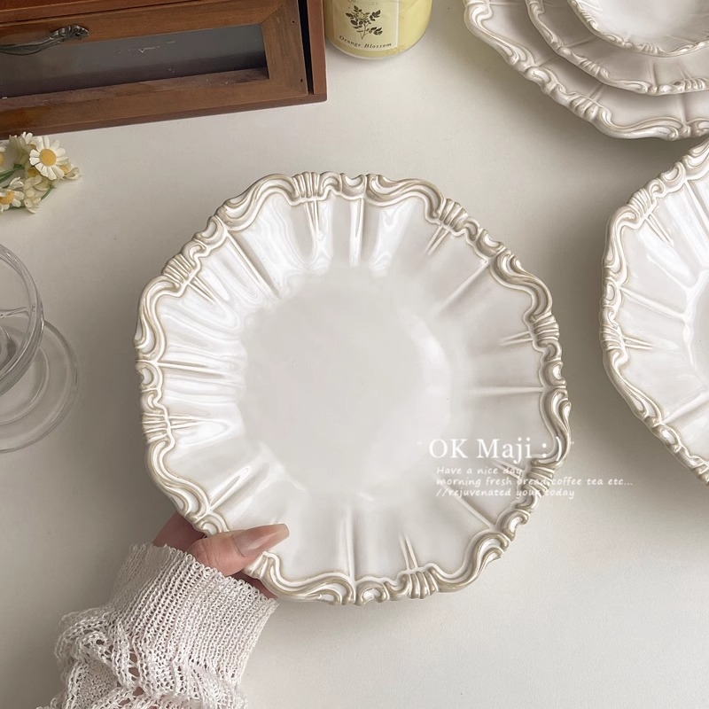 Порцеланова дълбока чиния за супа с дантелен ръб и райета, пещно глазирана, модерна минималистична сервираща посуда