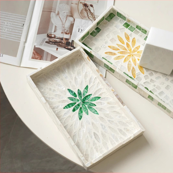 Инкрустирана с черупки квадратна настолна тава за съхранение — луксозен ретро стил за дома, дневната, кафе и ресторанти