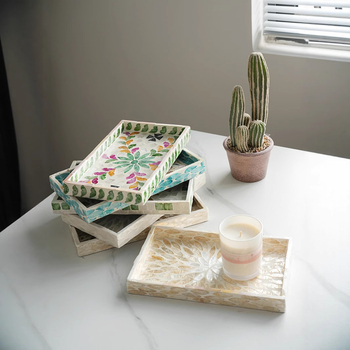 Инкрустирана с черупки квадратна настолна тава за съхранение — луксозен ретро стил за дома, дневната, кафе и ресторанти