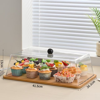 Bambusest puidust eksponeerimisplaat tolmukaitse ja läbipaistva kaanega – ümmargune kookide ja magustoplaat, puuviljade degusteerimiskast