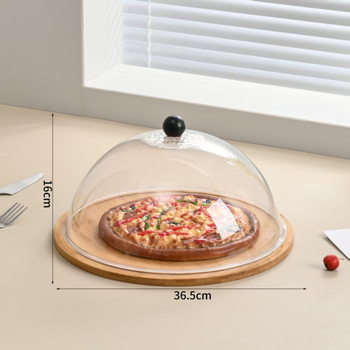 Bambusest puidust eksponeerimisplaat tolmukaitse ja läbipaistva kaanega – ümmargune kookide ja magustoplaat, puuviljade degusteerimiskast